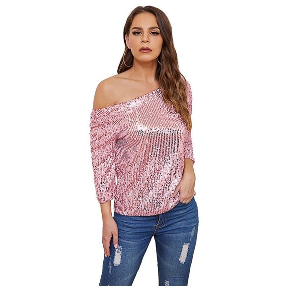 Women's Off Shoulder  Sequin Blouse Short Sleeve Glittery Cocktail Tops 4XL - Picture 1 of 1